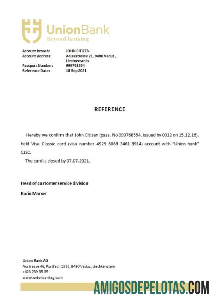 Referência de encerramento do Liechtenstein Union Bank modelo